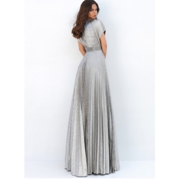 Tarik Ediz metallic gunmetal silver belted pleated dress gown black tie 8 - Picture 3 of 8